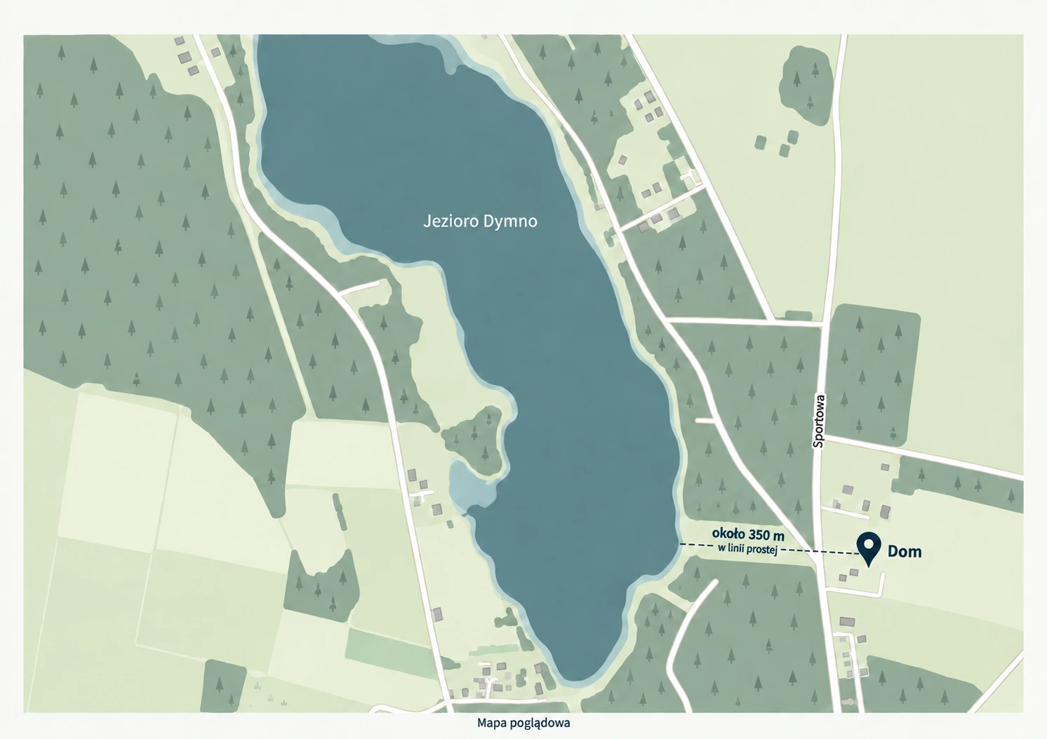 Poglądowa mapa położenia domu względem jeziora Dymno — około 350 m w linii prostej